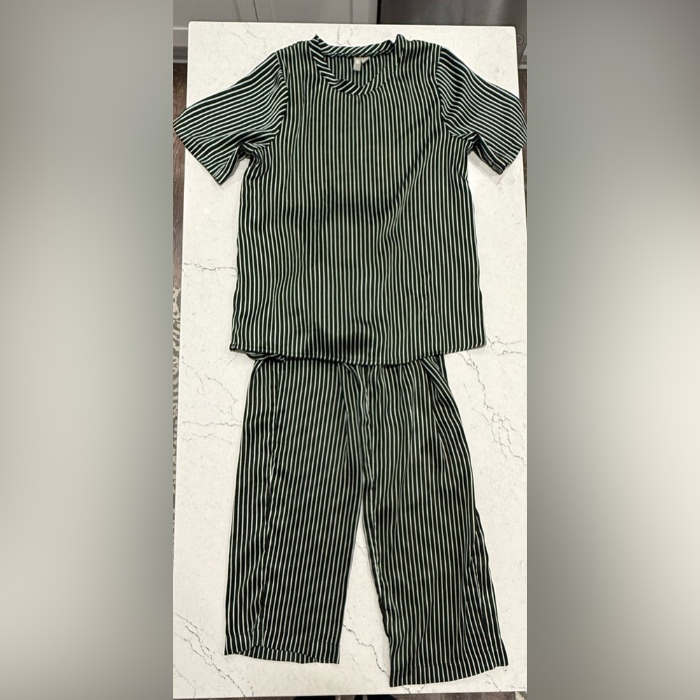 ASOS Black White Striped Top & Pants Lounge Set Crew Neck Elastic Waist US 4